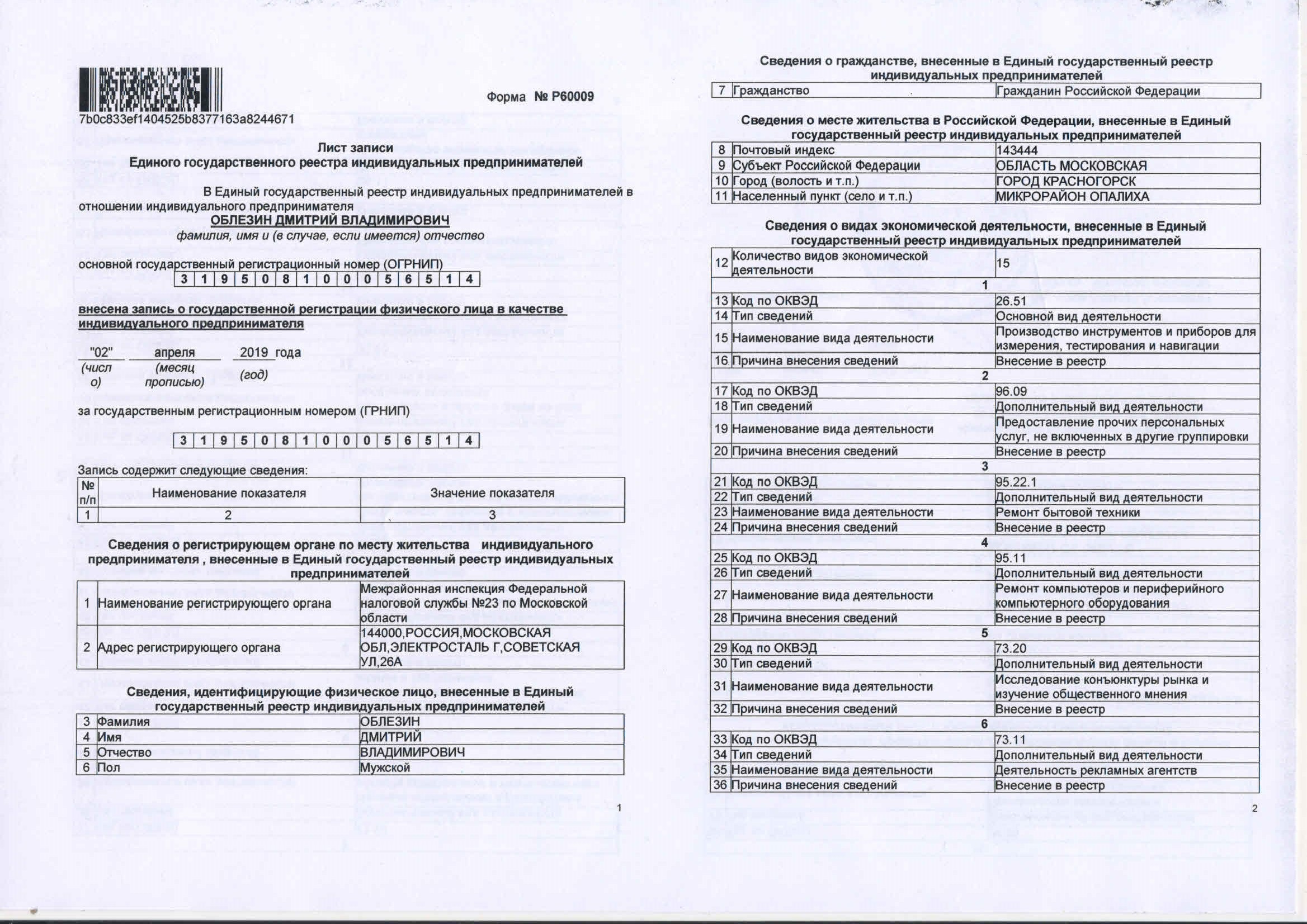 Учредительные документы ИП Облезин Д.В. - Электронный нотариус